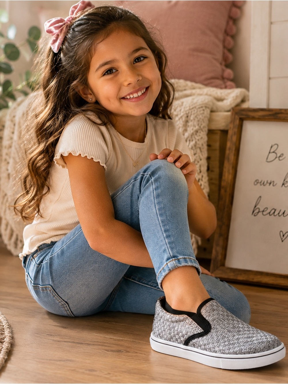 bernie mev. Kids Silver Woven Slip-On Sneakers with Black Trim